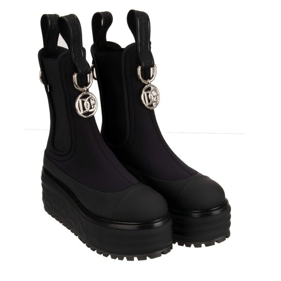 Dolce & Gabbana - DG Logo Silver Pendant Neoprene Plateau Boots Black EUR 40 - Picture 1 of 5